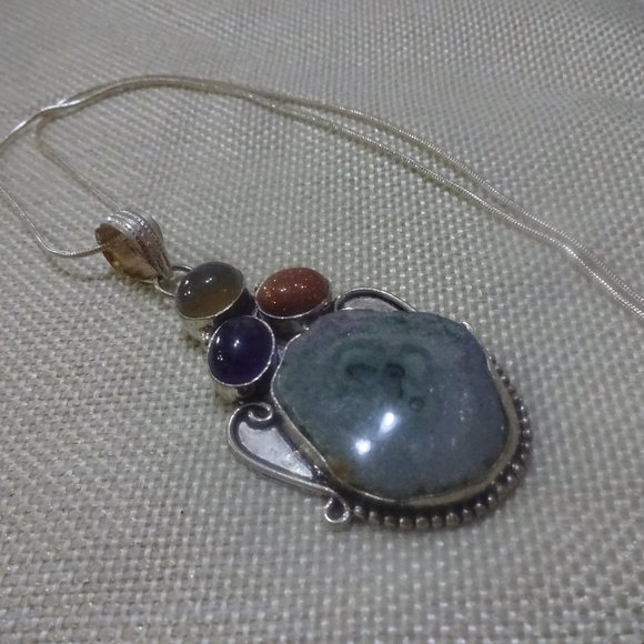 Unique "GREEN SOLAR AGATE, GOLD SUNSTONE, AMETHYST" Handmade Sterling Necklace - Picture 1 of 3